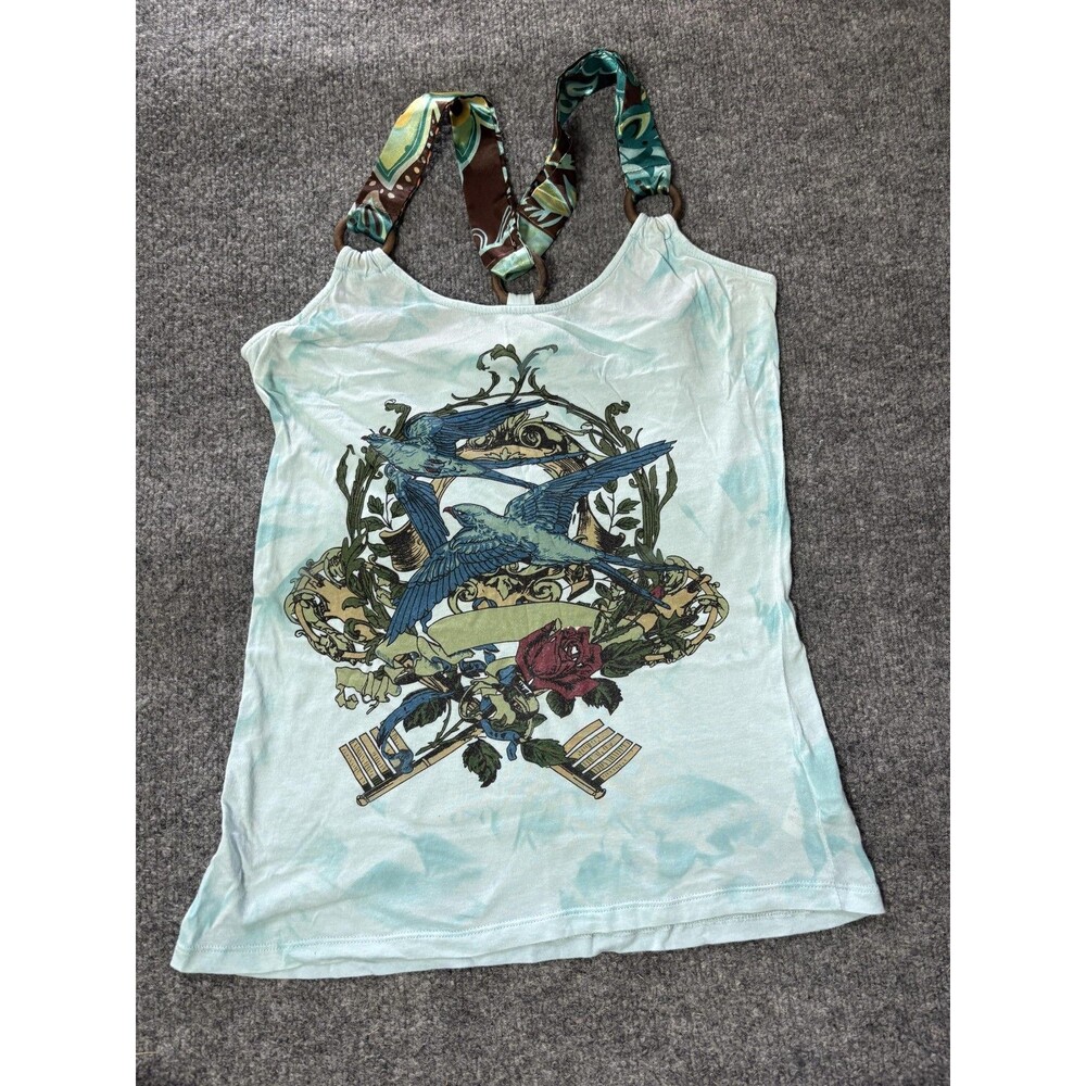 Anama Tank Top Womens M Blue Turquoise Bird Rose Graphic Strap Camisole Top Boho
